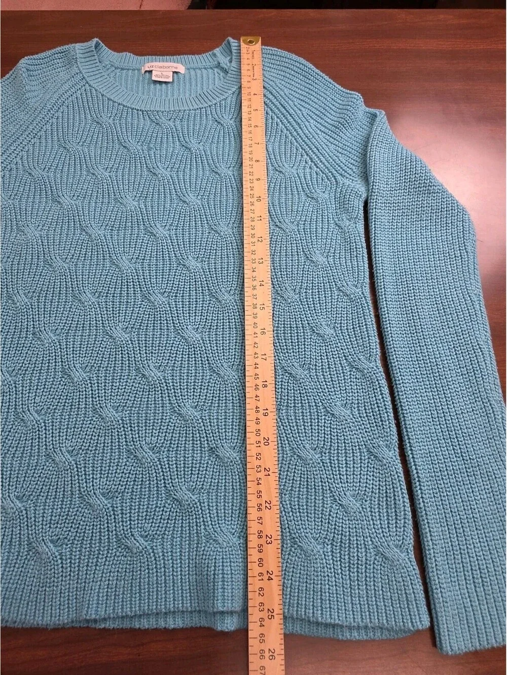 Liz Claiborne Large Turquoise Blue Cable Knit Cotton Blend Crewneck Sweater